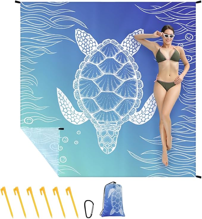 Ainiv Beach Blanket, Large Picnic Mat 210 x 200 cm (4-6 People) Foldable, Sandproof Waterproof, Camping Outdoor Blanket with 6 Fixed Nails for Beach, Hiking, Picnic