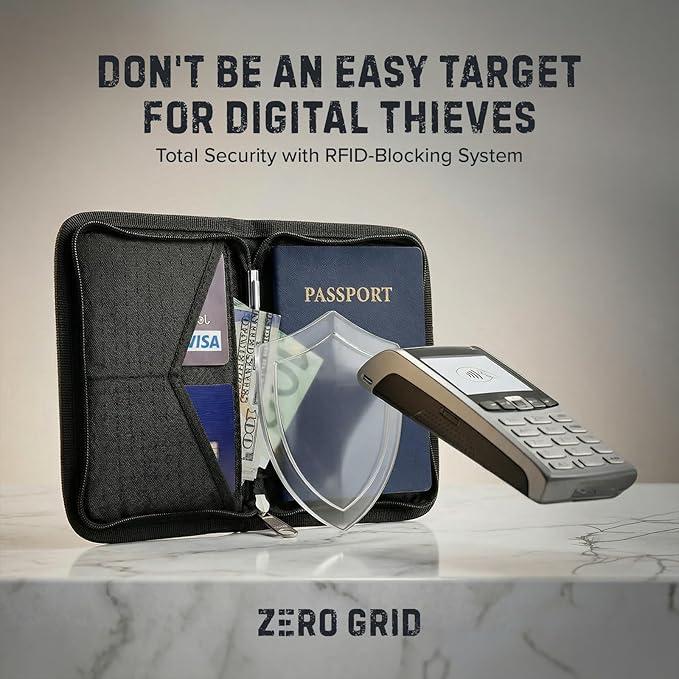 Zero Grid RFID Passport Holder & Travel Wallet, Zippered Wallet for Men & Women, Fits Passport, Cards, Cash, Tickets, ID, Sim Card; Premium & Compact Travel Document Holder - Midnight Black