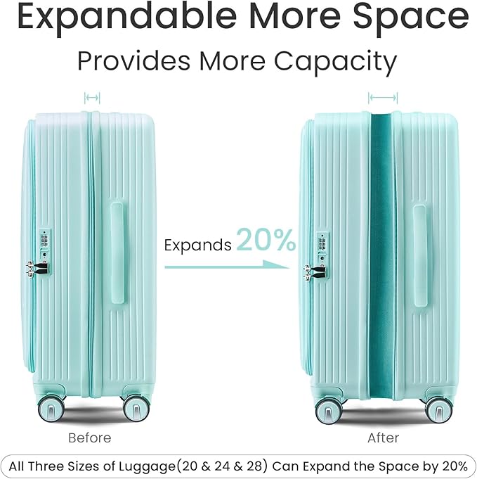 3 Piece Luggage Set 100% PC Hardshell, Front Opening Expandable Suitcase (20/24/28) with Laptop Compartment & Free Custom PVC Covers, Trunk Style Lightweight Spinner Wheels TSA Lock