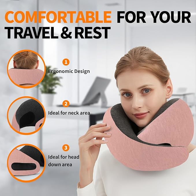 Travel Neck Pillow Airplane, Memory Foam Travel Pillows for Comfort on Sleeper Hold Compact and Ergonomic Design for Traveling Car Rides Home Road Trip Essentials for Adults and Kids (Pink)