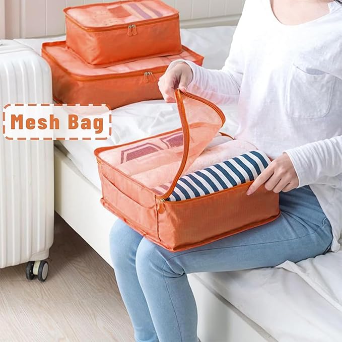 6 Set Packing Cubes for Travel Luggage Packing Bags Reusable Waterproof Suitcase Organizer Bags Set with Shoe Bag and Toiletry Bag (Orange)