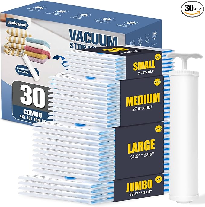 BoxLegend Vacuum Storage Bags with Large Hand Pump 30 Combo (4 Jumbo, 10 Large, 10 Medium, 6 Small) Thickened Vacuum Seal Bags for Clothing Space Saving for Clothes Pillow Comforters Bedding