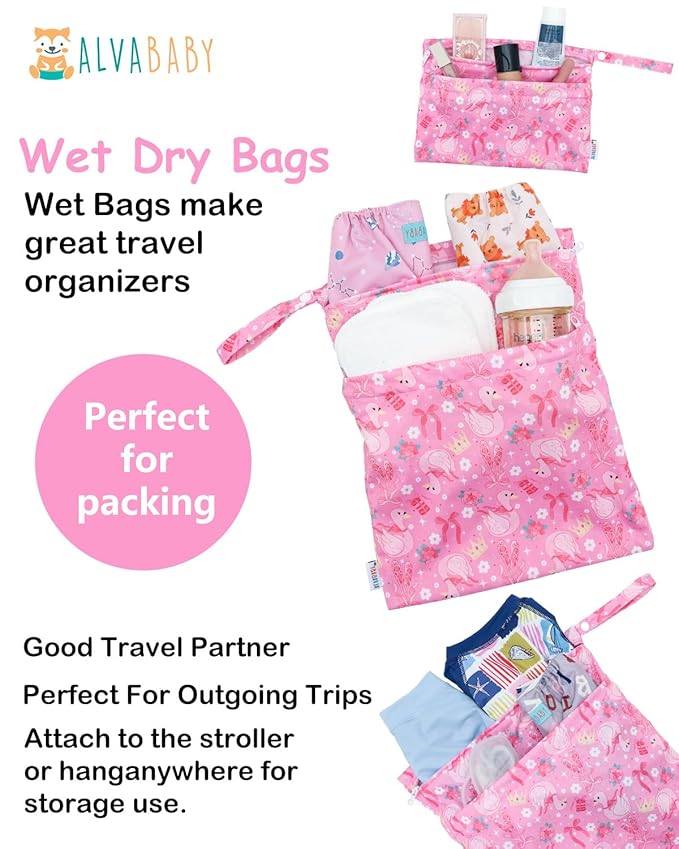 ALVABABY 3 pcs Cloth Diaper Wet Dry Bags Waterproof Reusable with Two Zippered Pockets Travel Beach Pool Daycare Soiled Baby Items Yoga Gym Bag for Swimsuits or Wet Clothes Small Medium Large 3L-SML19