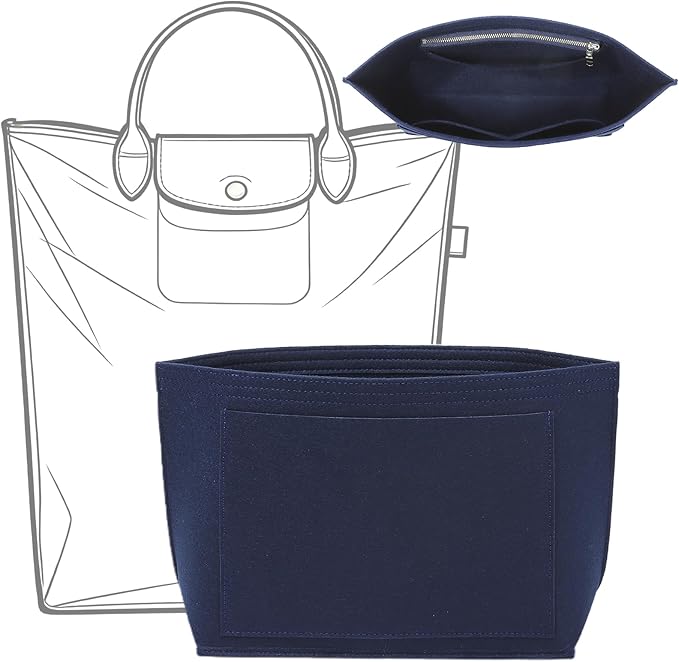 Doxo Felt Purse Organizer Insert for Longchamp Le Pliage M Totes, Longchamp Orgainzer Insert Meduim with 7 Compartments & YKK Zipper | Fits Long Champ Meidum Top Handle Tote Bag (SM, Navy)