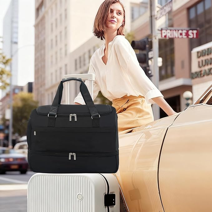 Carry On Travel Duffel Bag for Women & Men,Overnight Weekender Bag with Shoe Compartment,Trolley Sleeve and Adjustable Shoulder Strap,Business & Weekend Travel,Gym,Sports,Yoga & Dance(Black)