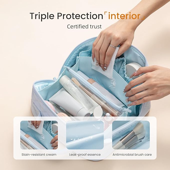 LOVEVOOK Travel Makeup Bag for Women, 2Pcs Puffer Waterproof Cosmetic Organizer, Large Capacity Pouch Open Flat Small Toiletry Bag with Brush Compartment & Handle (Blue, Large)