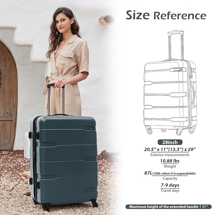 Coolife Expandable Large Checked Luggage Hardside PC+ABS Suitcase with TSA Lock, Lightweight Rolling Carry On with Spinner Wheels(Teal, 28in)