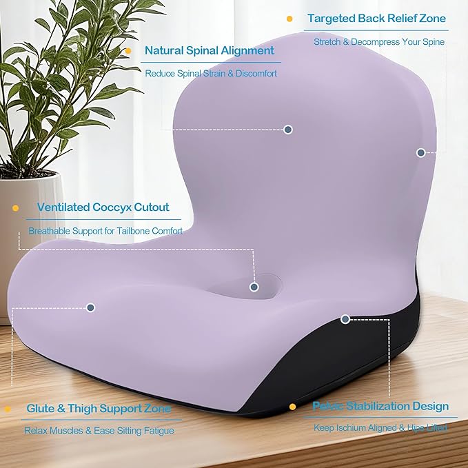 Seat Cushion for Office Chair and Car, L-Shaped Ergonomic Car Seat Cushions, Memory Foam Chair Cushion, Lumbar Support Pillow for Wheelchair, Car, Home, Office, Purple