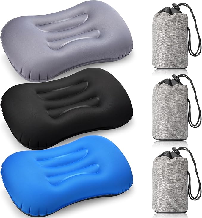 Yulejo 3 Pcs Inflatable Camping Travel Pillow Ultralight Inflating Pillows Lightweight Portable Backpacking Pillow for Neck Lumbar Support Camp Hiking Sleeping(Dark Gray, Black, Dark Blue)