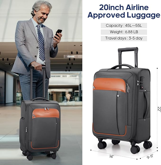 UKEIN Expandable Carry On Luggage 22x14x9 Airline Approved, 20Inch Softside Carry On Suitcase with Wheels & TSA Lock, Travel Suitcase with 4-Piece Packing Bags for Women Men (Grey, Carry on （20in）)