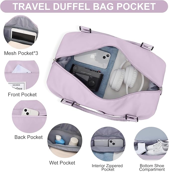 Weekender Bags for Women,Travel Duffle Overnight Bag with Shoe Compartment,Personal Item Carry On Bag,Purple,Extra Large,3 Pcs Set