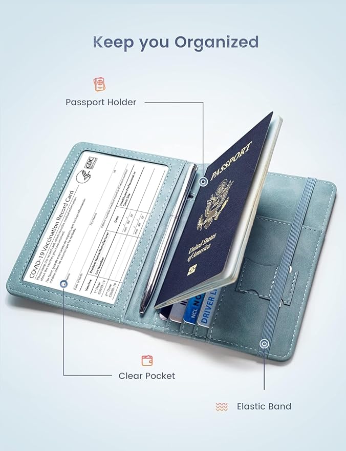 Passport Holder Passport Case Travel Wallet with See-Through Card Holder Passport Cover with RFID Blocking Clear Pocket for Photo Calf Leather