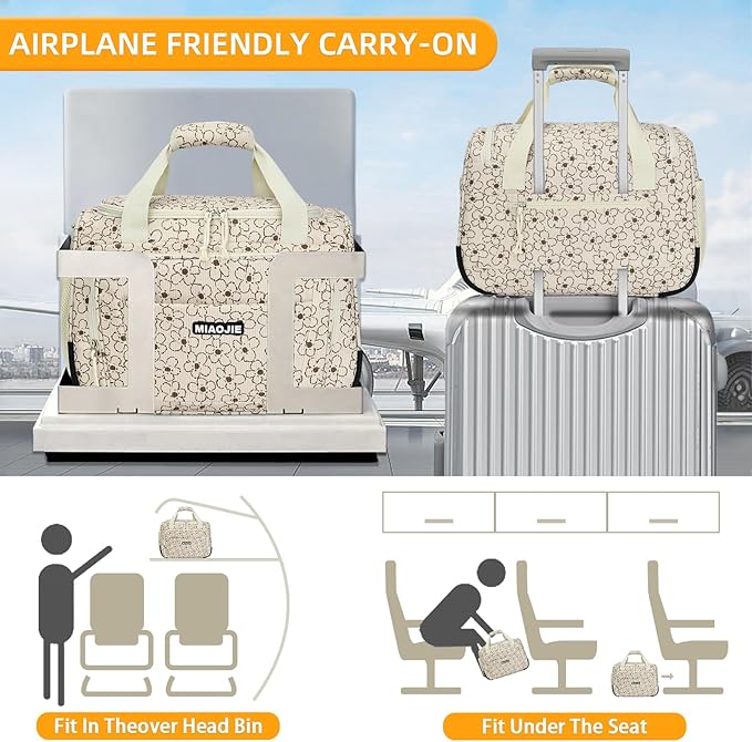 Underseat Carry On Luggage Lightweight Travel Tote Weekender Bag Overnight Duffle Bag for Travel, Travel Essentials Personal Item Travel Bag for Women, Corduroy Small Flower-16Inch