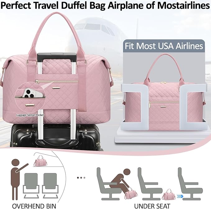 Quilted Travel Duffle Bag for Travel Women with Toiletry Bag, Large Weekender Bags for Women Carry on Duffel Overnight Bag, Waterproof Travel Tote Bags for Sports, Weekender, Business, Pink