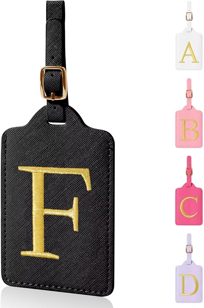 Personalized Initial Luggage Tags for Suitcases,Leather Letter Cute Luggage Tags with Privacy Name Card,Embroidered Monogrammed Travel Bag Backpack Tag Gifts for Women Kids Girls Teens(Black-F)