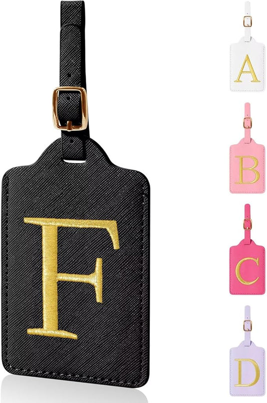 Personalized Initial Luggage Tags for Suitcases,Leather Letter Cute Luggage Tags with Privacy Name Card,Embroidered Monogrammed Travel Bag Backpack Tag Gifts for Women Kids Girls Teens(Black-F)