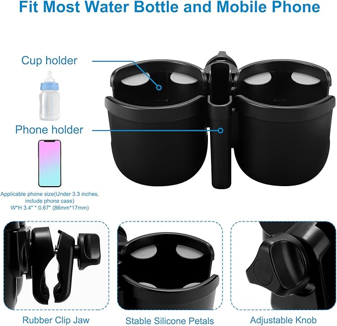 Accmor Stroller Cup Holder with Phone Holder, Bike Cup Holder, Universal Cup Holder for Uppababy Nuna Doona Strollers, 2-in-1 Cup Phone Holder for Stroller Bike Wheelchair Walker Accessory