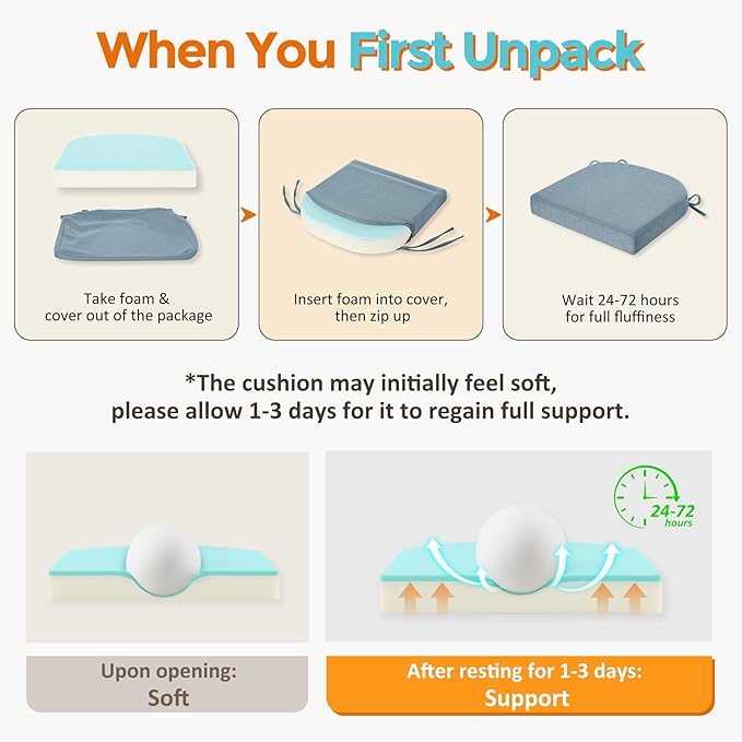downluxe Chair Cushions for Dining Chairs, Memory Foam Linen Kitchen Chair Pads with Ties, Waterproof, Stain-Resistant and Washable Cover, 17" x 16" x 2.5", Light Blue, 6 Pack