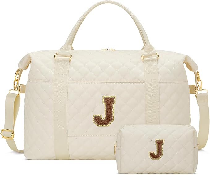 Gifts for Women, Initial Travel Duffle Bag, Personalized Weekender Overnight Bags, Gift for Mom Friend College Girl Graduation Teacher（Beige,J)