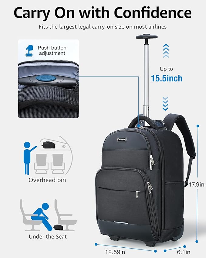 Ponhog Rolling Backpack, 30L Travel Laptop Backpack with Wheels, 15.6 Inch Roller Carry on Luggage with USB Charging Port, Flight Approved Personal Item Wheeled Suitcase for Men Women Adults, Black