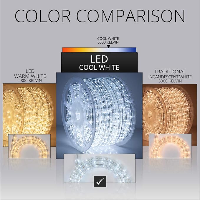 Wintergreen Lighting 18' LED Cool White Rope Light, Flexible Light Rope String Light Outdoor – Bedroom LED Light Rope, 120V, ½ Inch, 2-Wire – Rope Light Clips and Power Cord Included