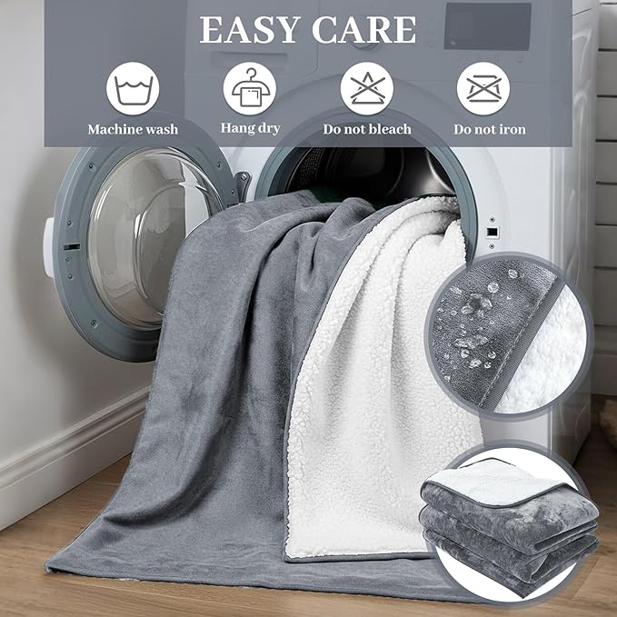 Tisancy Waterproof Gray Blanket for Dog Cat Puppy, 80'' x 60'' Double Side Leakproof Reversible Double Side Sherpa Flannel Fleece 3 Layer Lightweight Blanket, Absorb50oz(Gray/White), Machine Washable
