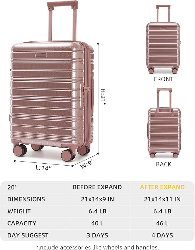 LARVENDER Carry On Luggage 22x14x9 Airline Approved, 20 Inch Expandable PC+ABS Hardside Suitcase Carry On Luggage with Spinner Wheels TSA Lock for Women Men (Rose Gold)