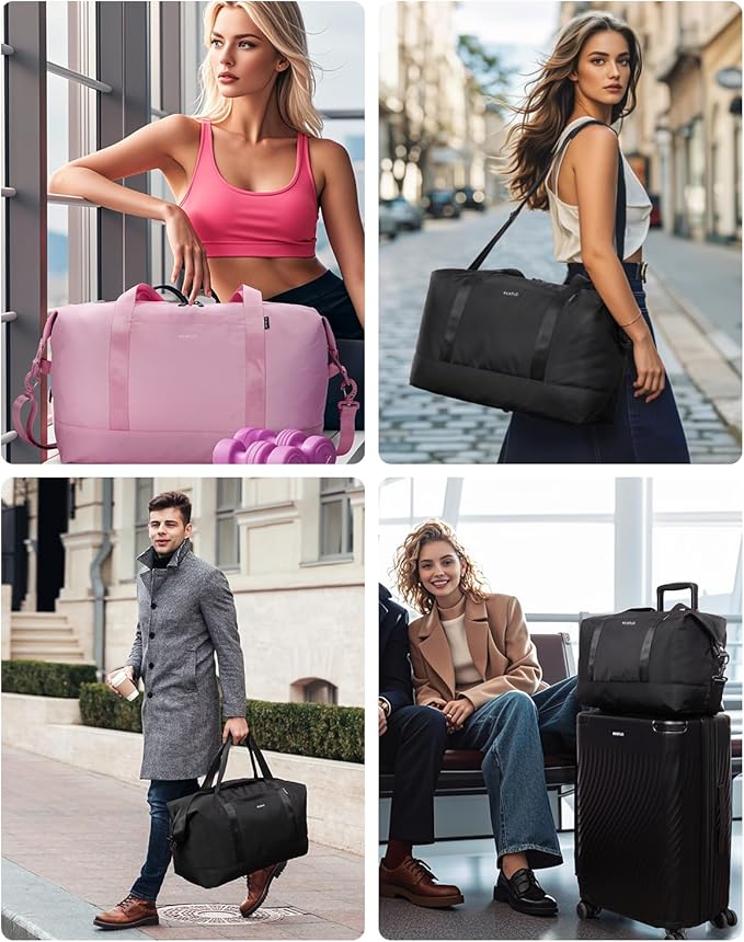 ECOHUB Travel Duffel Bag, Water Resistant Weekender Bag Carry On Bags for Women, Sport Gym Bags for Men, Hospital Bag for Labor and Delivery, Overnight Bag Luggage Bag with Trolley Sleeve, 30L Beige