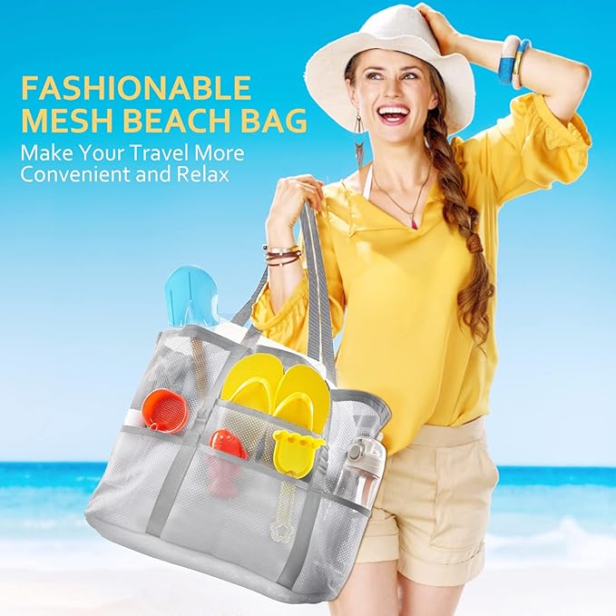 SRISE Mesh Beach Bag - Large Beach Tote Bag for Family Beach Bag for Toys & Vacation Essentials