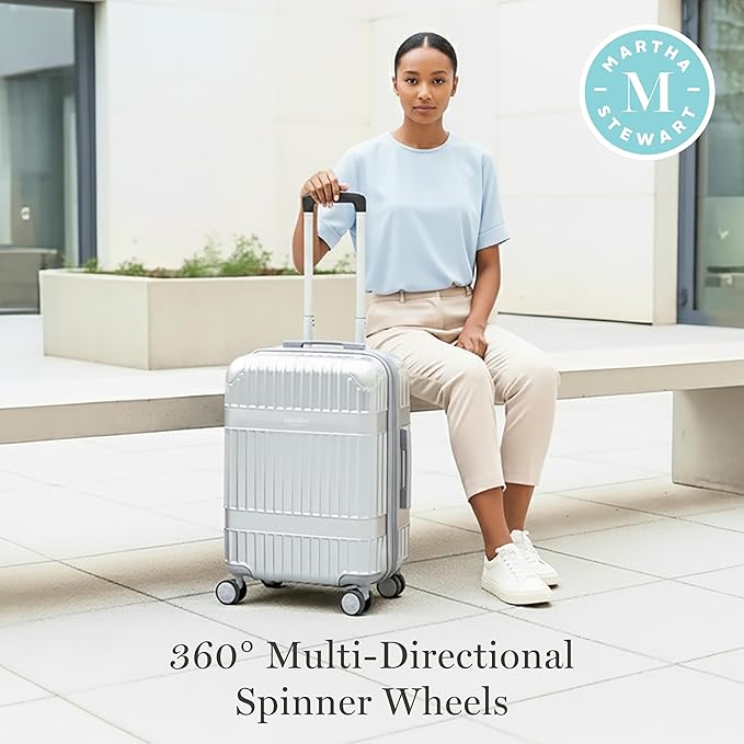 Martha Stewart The Bedford 22 Inch Carry On Luggage, Hardshell Rolling Suitcase with Spinner Wheels, Silver
