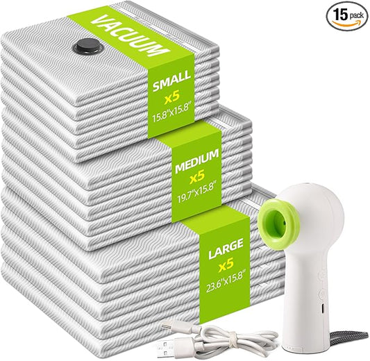 15 Pack Vacuum Seal Bags with Wireless Rechargeable Electric Pump,Vacuum Storage Bags with LED Light (5L+5M+5S),Vacuum Bag with Electric Pump,Space Saver for Clothes and Clothing Travel