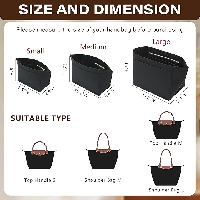 Fit Longchamp Organizer Insert, for Long Champ Le Pliage L Bag Handbag Women, with Cup Holder, Large/Black