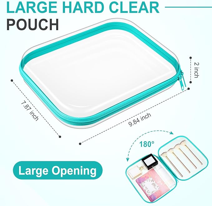 Sanwuta 6 Pcs Clear Hard Zipper Case Plastic Zipper Pouches Transparent Makeup Bag Pencil Case Pouches Toiletry Diaper Bag for Travel Toy Storage Organizer Bins(Teal,9.84 x 7.87 x 2 Inch)
