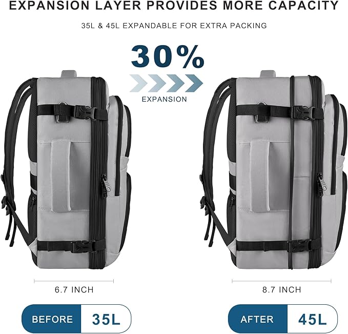 Large Travel Backpack, Laptop Backpack for women, Expandable 52L Carry On Backpack, Airline Approved Water Resistant Weekender 18.4 Inch Laptop Backpack, Business Computer Bag with USB Port, Grey