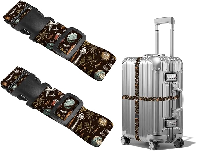 Nuxovilar Luggage Straps of 2 Set Travel Elements Pattern, 1.96x90.5 inches - Luggage Straps for Suitcases, Perfect for Global Travel, Adventures, Business Trips