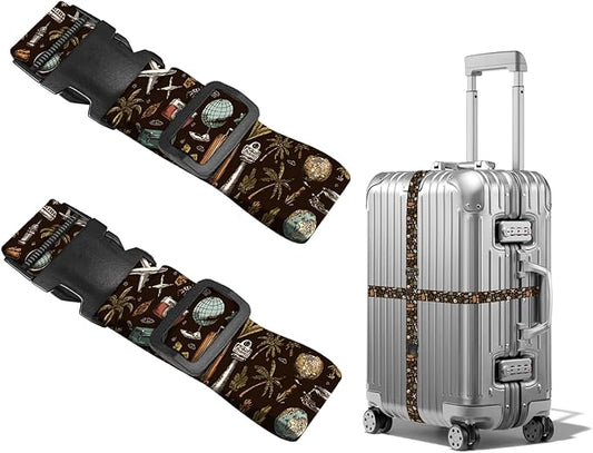 Nuxovilar Luggage Straps of 2 Set Travel Elements Pattern, 1.96x90.5 inches - Luggage Straps for Suitcases, Perfect for Global Travel, Adventures, Business Trips