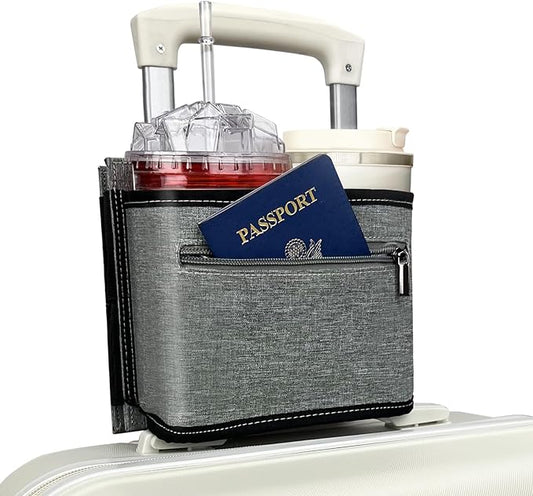 Travel Luggage Cup Holder, Liveagain Drink Caddy, Luggage Cup Holder Attachment, Free Hand Suitcase Drink Carrier for Drinks Beverages, Coffee, Bottles, Snack (Gray)