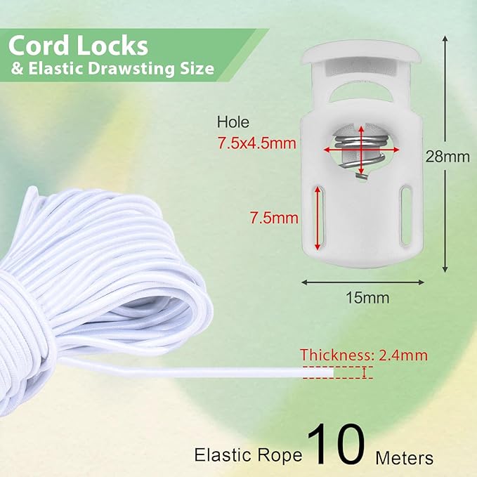 10 Meter 3mm(1/8Inch) Elastic Bungee Shock Cord Stretch String, 25pcs Plastic Cord Locks Spring Toggle Stopper for Drawstring Backpack Shoelaces(White)