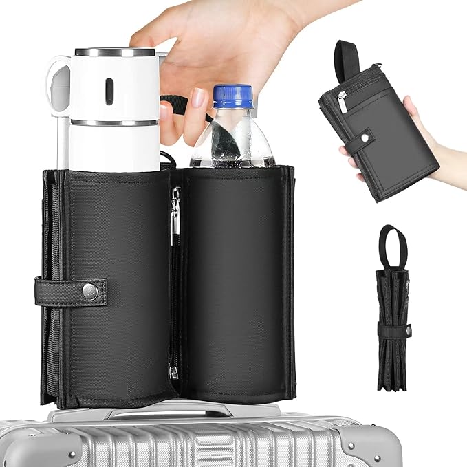 Luggage Cup Holder Travel Drink Bag for Suitcase Portable Foldable Luggage Drink Caddy with Handle, Fits Roll on Suitcase Handle, Gifts for Flight Attendants Creative Travel Accessories (Black)