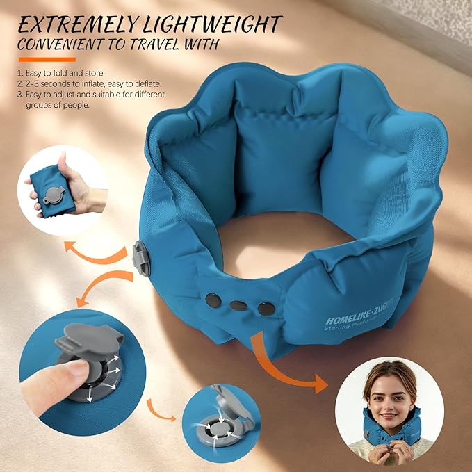 Inflatable Travel Pillow for Airplane, Inflatable Neck Pillow Airplane Pillow for Travel Office Nap Neck Support, Buy 1 Get 3 Professional Sleeping Eye Mask and Highly Silent