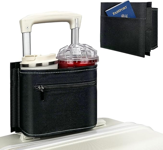 Travel Luggage Cup Holder, Vethers Drink Carrier, Luggage Cup Holder Attachment, Free Hand Suitcase Drink Carrier for Drinks Beverages, Coffee, Bottles, Snacks (Jet)