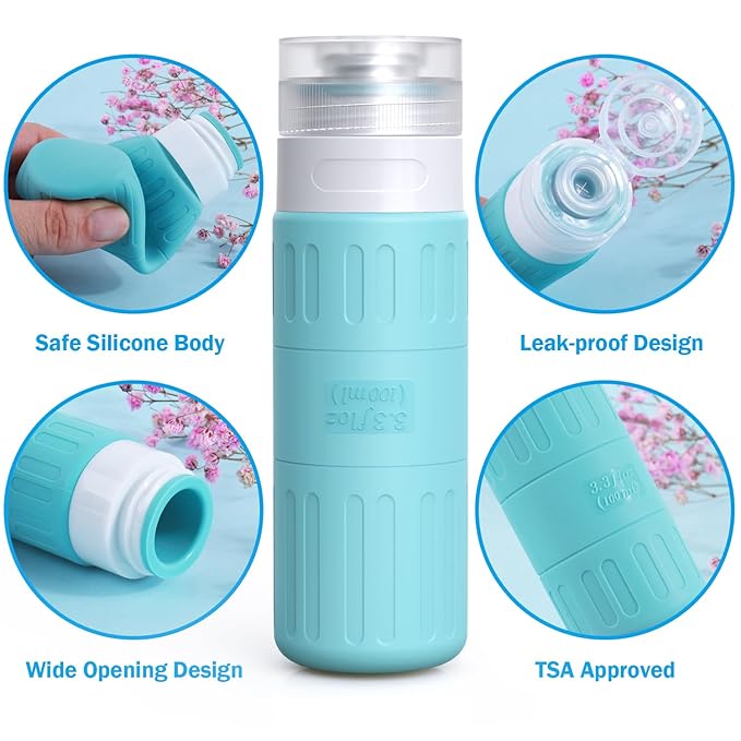 GLAMFIELDS Travel Bottles for Toiletries,TSA Approved 3.3oz Size LeakProof Silicone Toiletry Containers for Shampoo, Conditioner,Easy to Squeeze，Portable Travel Essentials for Lotion(18 Pack) Blue