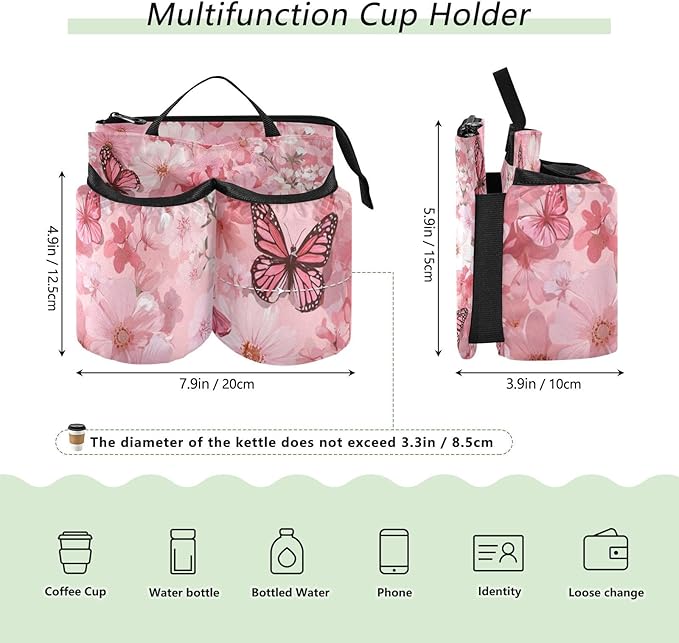Hot Pink Butterflies Flowers Luggage Cup Holder Travel Portable Free Hand Drink Carrier Suitcase Drinks Beverage Holder Carry-On Bottle Mug Holder Organizer Bag Travelers Accessories