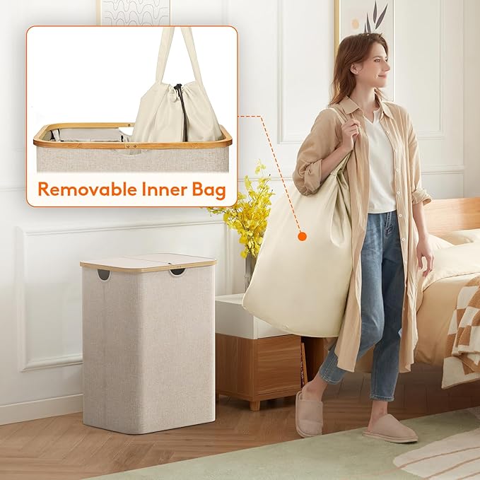 Lifewit 150L Laundry Basket with Lid, Clothes Hampers for Laundry with Bamboo Handles and 2 Removable Bag, Large Foldable Laundry Hamper for Bedroom, Bathroom, Dorm, Laundry Room, Beige