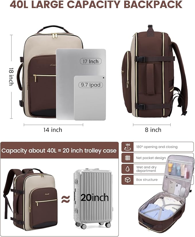 LOVEVOOK 40L Travel Backpack for Women & Men, Airline Approved Carry On Luggage with 3 Packing Cubes, TSA Overnight Bags, Waterproof Personal Item Bag, Weekender Essentials Backpacks fits 17" Laptop