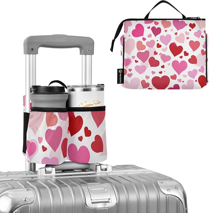 Luggage Cup Holder for Suitcases Free Hands Travel Cup Holder Portable Suitcase Cup Drink Holder Luggage Cup Caddy Bag Carrier White Pink Love Valentine