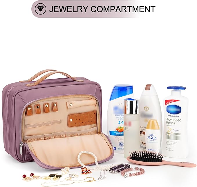 Travel Hanging Toiletry Bag for Women, Extra Large Makeup Bag, Holds Full-Size Shampoo, with Jewelry Organizer Compartment, Waterproof Cosmetic Bag, Toiletries Kit Set with Trolley Belt, Dark Purple