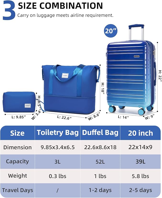LARVENDER Carry on Luggage 22x14x9 Airline Approved, 20 Inch Hardside Suitcase with Wheels TSA Lock, PC+ABS Lightweight Travel Luggage Sets for Women, Navy Glow, 3 Piece Set