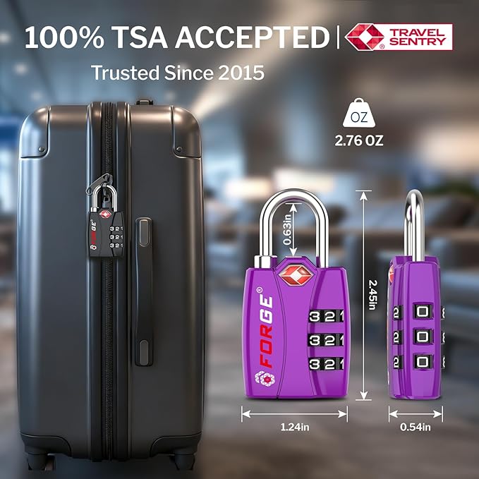 Forge Open Alert TSA Approved Luggage Locks - 3 Digit Combination, Easy Read Dials, Zinc Alloy Body - Ideal Travel Lock for Luggage, Suitcases, Bags & Toolboxes (Purple 2 Locks)