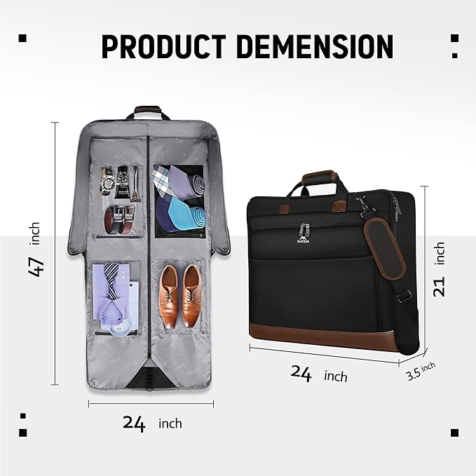 MATEIN Suit Garment Bag for Travel, Large Garment Bags for Hanging Clothes Travel, Foldable Suit Carrier with Shoulder Strap For Business, Premium 2 in 1 Hanging Suitcase Luggage, Black Brown